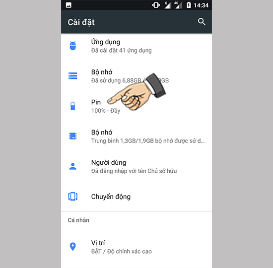 Vào cài đặt Pin